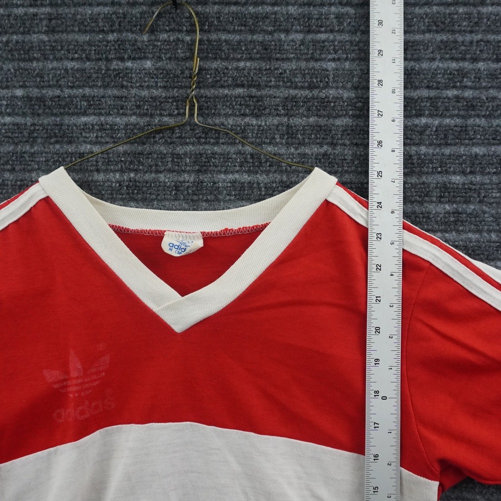 Adidas V-Neck T-Shirt Mens Medium Red White 80s Vintage USA Trefoil Ringer Tee - Picture 7 of 10